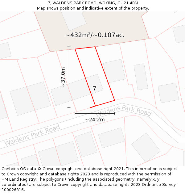 7, WALDENS PARK ROAD, WOKING, GU21 4RN: Plot and title map