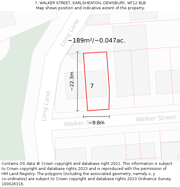 7, WALKER STREET, EARLSHEATON, DEWSBURY, WF12 8LB: Plot and title map