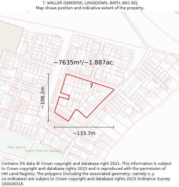 7, WALLER GARDENS, LANSDOWN, BATH, BA1 9DJ: Plot and title map