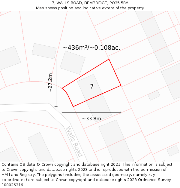 7, WALLS ROAD, BEMBRIDGE, PO35 5RA: Plot and title map