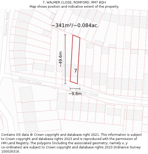 7, WALMER CLOSE, ROMFORD, RM7 8QH: Plot and title map