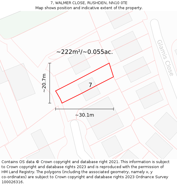 7, WALMER CLOSE, RUSHDEN, NN10 0TE: Plot and title map