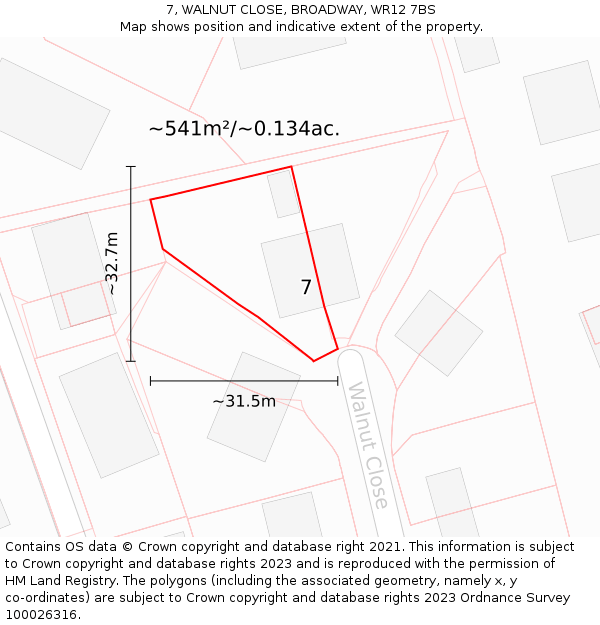 7, WALNUT CLOSE, BROADWAY, WR12 7BS: Plot and title map