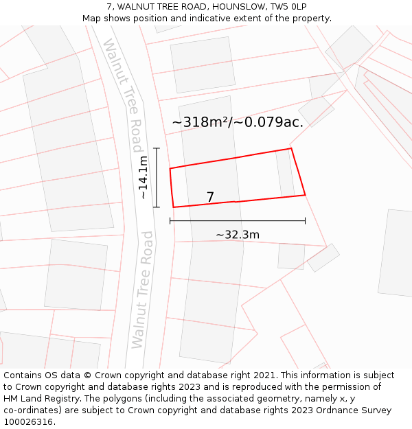 7, WALNUT TREE ROAD, HOUNSLOW, TW5 0LP: Plot and title map