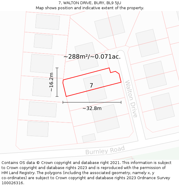 7, WALTON DRIVE, BURY, BL9 5JU: Plot and title map