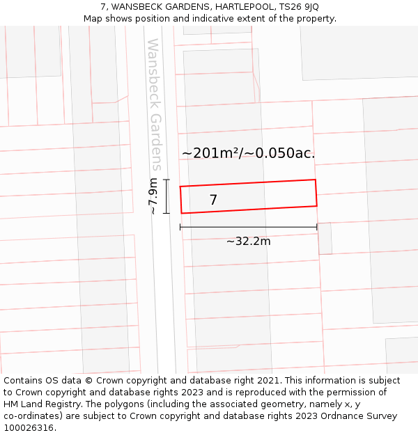 7, WANSBECK GARDENS, HARTLEPOOL, TS26 9JQ: Plot and title map