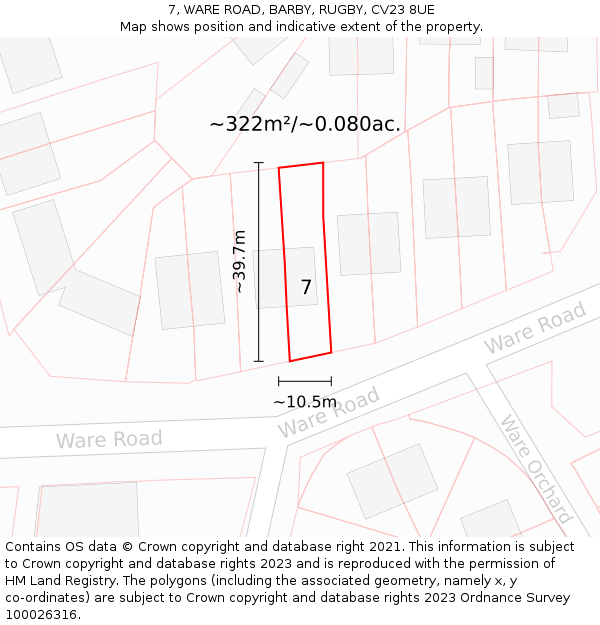 7, WARE ROAD, BARBY, RUGBY, CV23 8UE: Plot and title map