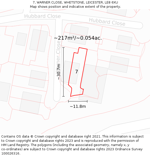7, WARNER CLOSE, WHETSTONE, LEICESTER, LE8 6XU: Plot and title map