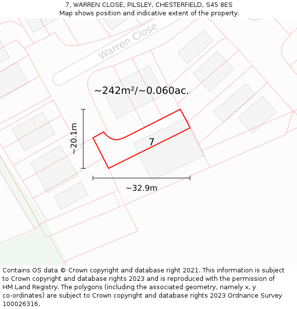 7, WARREN CLOSE, PILSLEY, CHESTERFIELD, S45 8ES: Plot and title map