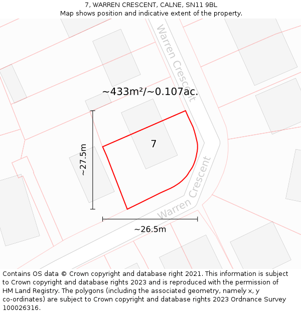 7, WARREN CRESCENT, CALNE, SN11 9BL: Plot and title map