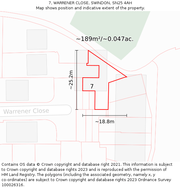 7, WARRENER CLOSE, SWINDON, SN25 4AH: Plot and title map