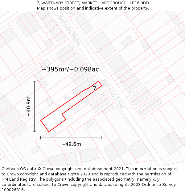 7, WARTNABY STREET, MARKET HARBOROUGH, LE16 9BD: Plot and title map