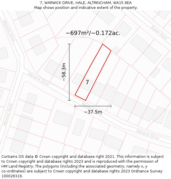 7, WARWICK DRIVE, HALE, ALTRINCHAM, WA15 9EA: Plot and title map