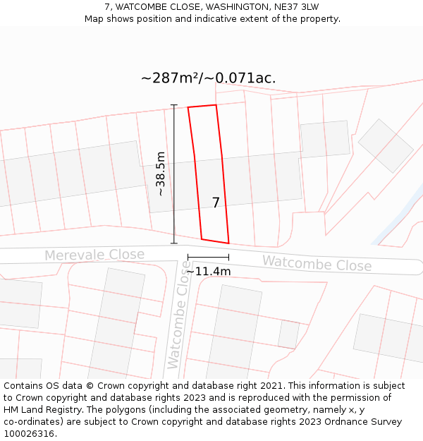 7, WATCOMBE CLOSE, WASHINGTON, NE37 3LW: Plot and title map