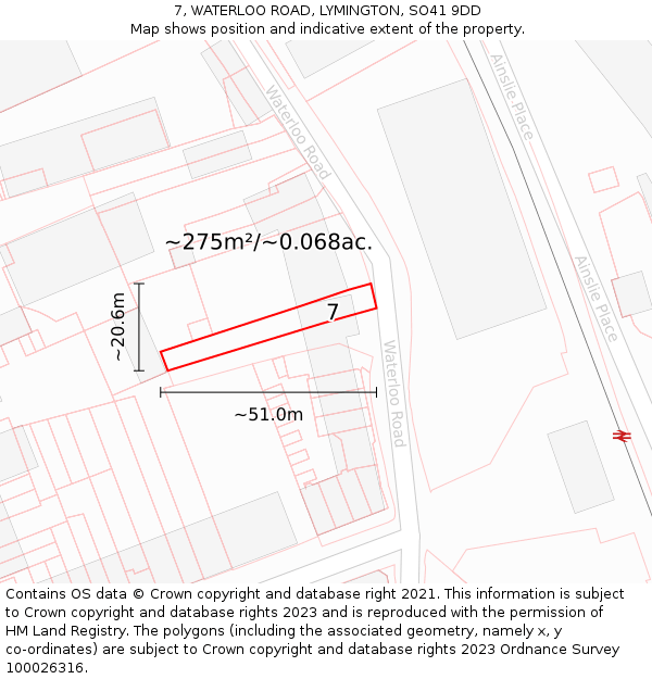 7, WATERLOO ROAD, LYMINGTON, SO41 9DD: Plot and title map