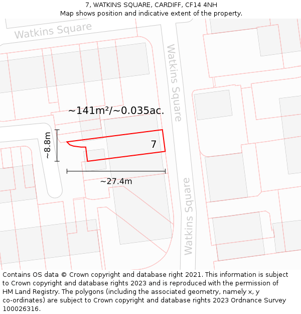 7, WATKINS SQUARE, CARDIFF, CF14 4NH: Plot and title map