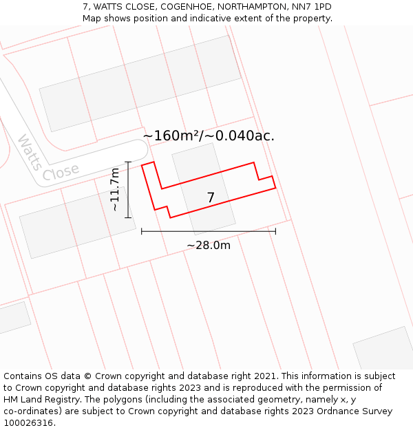 7, WATTS CLOSE, COGENHOE, NORTHAMPTON, NN7 1PD: Plot and title map