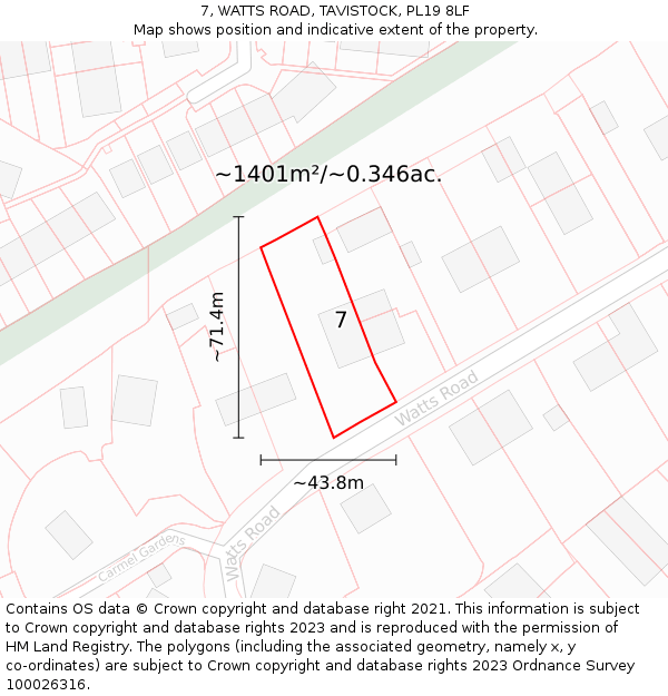 7, WATTS ROAD, TAVISTOCK, PL19 8LF: Plot and title map
