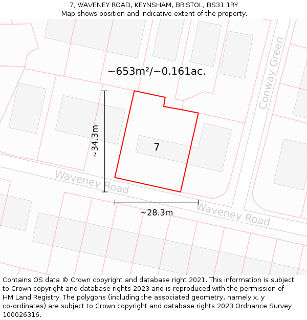7, WAVENEY ROAD, KEYNSHAM, BRISTOL, BS31 1RY: Plot and title map
