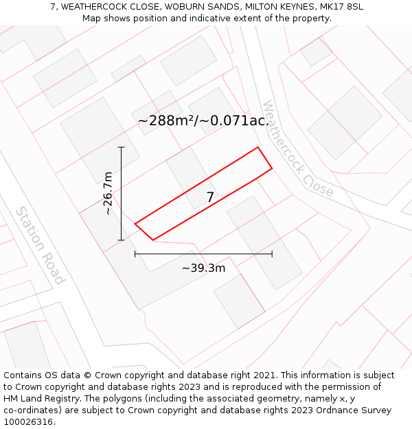 7, WEATHERCOCK CLOSE, WOBURN SANDS, MILTON KEYNES, MK17 8SL: Plot and title map