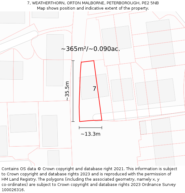 7, WEATHERTHORN, ORTON MALBORNE, PETERBOROUGH, PE2 5NB: Plot and title map