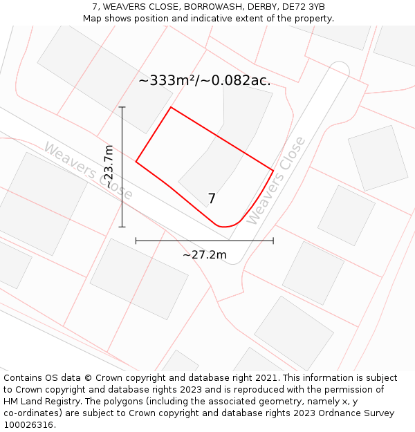 7, WEAVERS CLOSE, BORROWASH, DERBY, DE72 3YB: Plot and title map