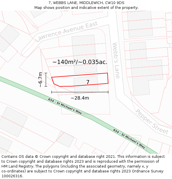 7, WEBBS LANE, MIDDLEWICH, CW10 9DS: Plot and title map