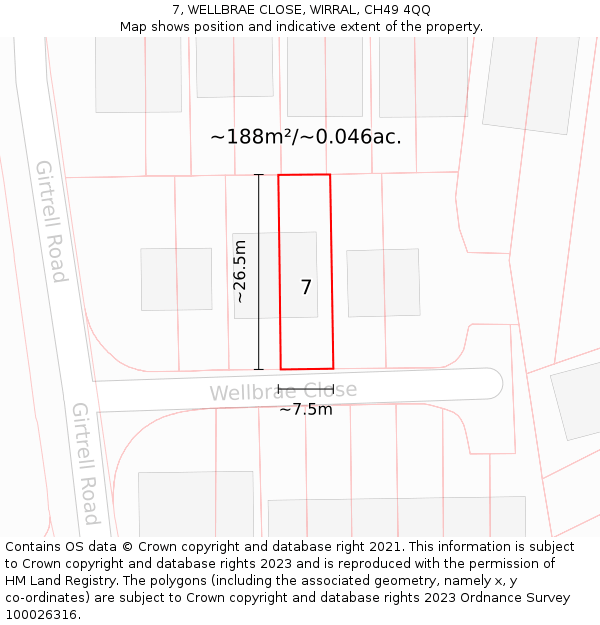7, WELLBRAE CLOSE, WIRRAL, CH49 4QQ: Plot and title map