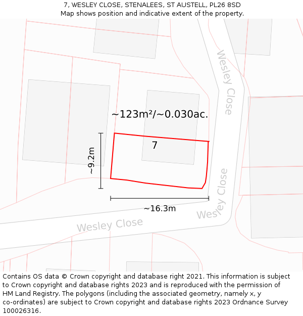 7, WESLEY CLOSE, STENALEES, ST AUSTELL, PL26 8SD: Plot and title map