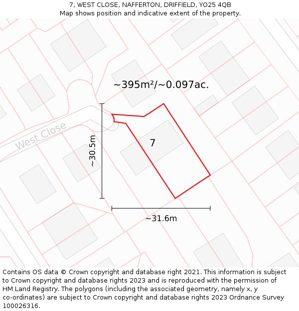 7, WEST CLOSE, NAFFERTON, DRIFFIELD, YO25 4QB: Plot and title map