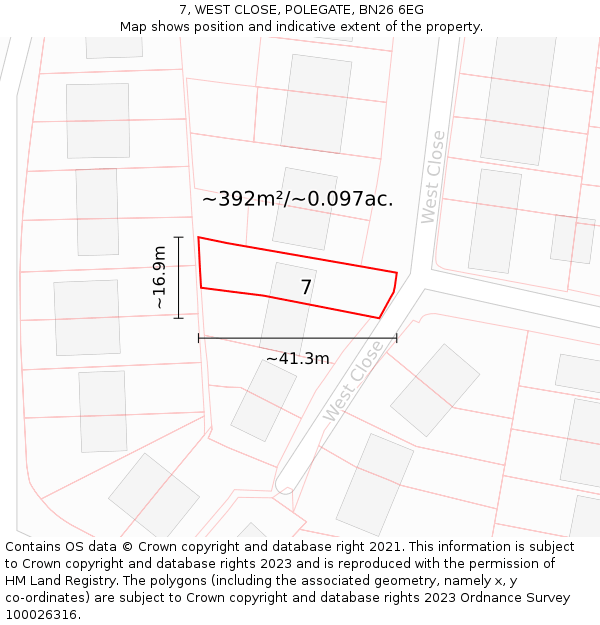 7, WEST CLOSE, POLEGATE, BN26 6EG: Plot and title map