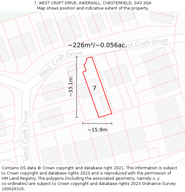 7, WEST CROFT DRIVE, INKERSALL, CHESTERFIELD, S43 3GA: Plot and title map