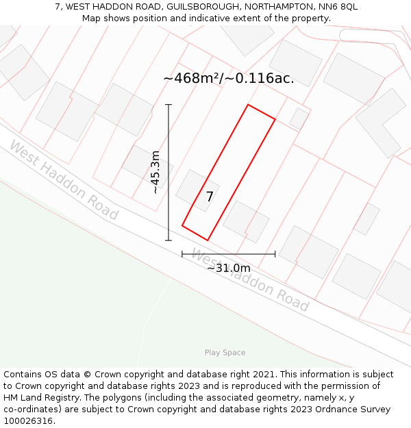 7, WEST HADDON ROAD, GUILSBOROUGH, NORTHAMPTON, NN6 8QL: Plot and title map