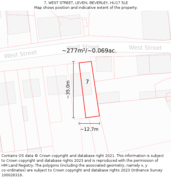 7, WEST STREET, LEVEN, BEVERLEY, HU17 5LE: Plot and title map