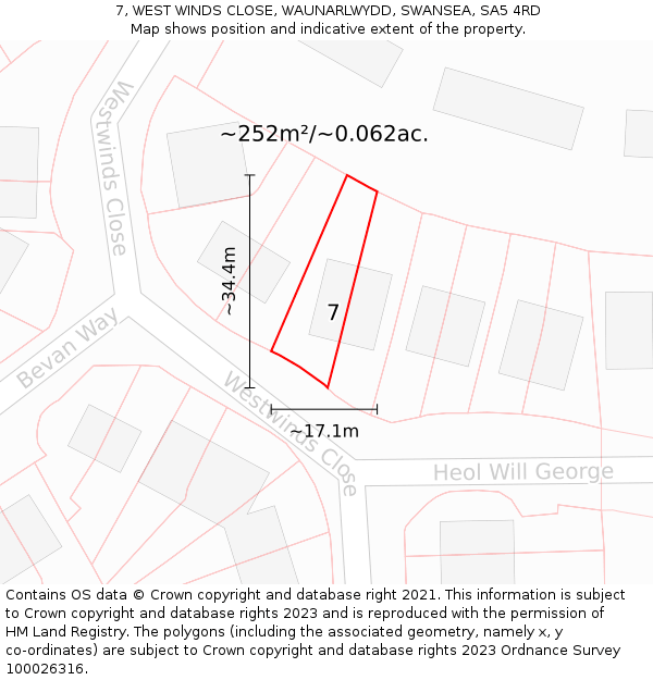 7, WEST WINDS CLOSE, WAUNARLWYDD, SWANSEA, SA5 4RD: Plot and title map