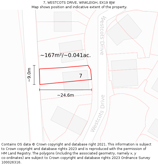 7, WESTCOTS DRIVE, WINKLEIGH, EX19 8JW: Plot and title map
