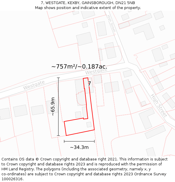 7, WESTGATE, KEXBY, GAINSBOROUGH, DN21 5NB: Plot and title map