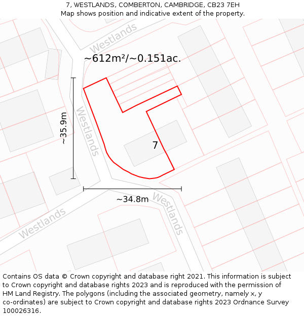 7, WESTLANDS, COMBERTON, CAMBRIDGE, CB23 7EH: Plot and title map