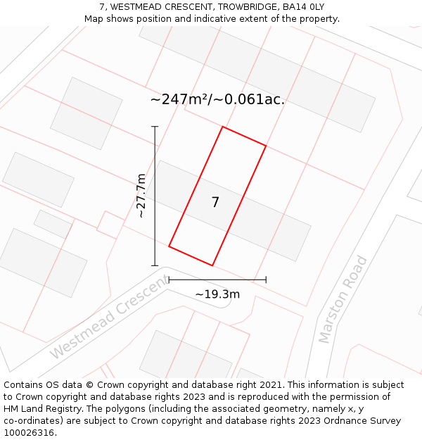 7, WESTMEAD CRESCENT, TROWBRIDGE, BA14 0LY: Plot and title map