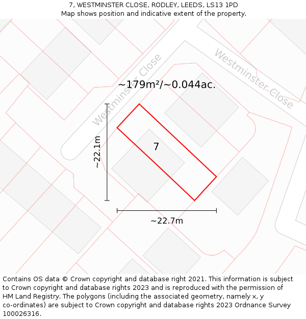 7, WESTMINSTER CLOSE, RODLEY, LEEDS, LS13 1PD: Plot and title map