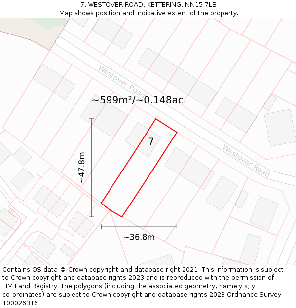 7, WESTOVER ROAD, KETTERING, NN15 7LB: Plot and title map