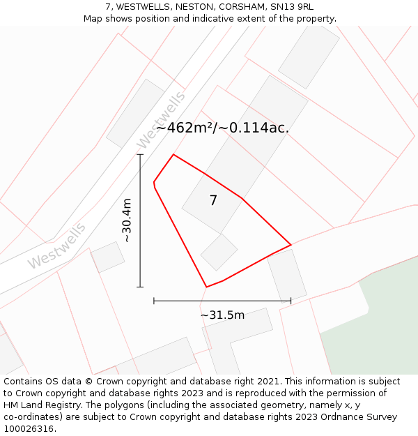 7, WESTWELLS, NESTON, CORSHAM, SN13 9RL: Plot and title map
