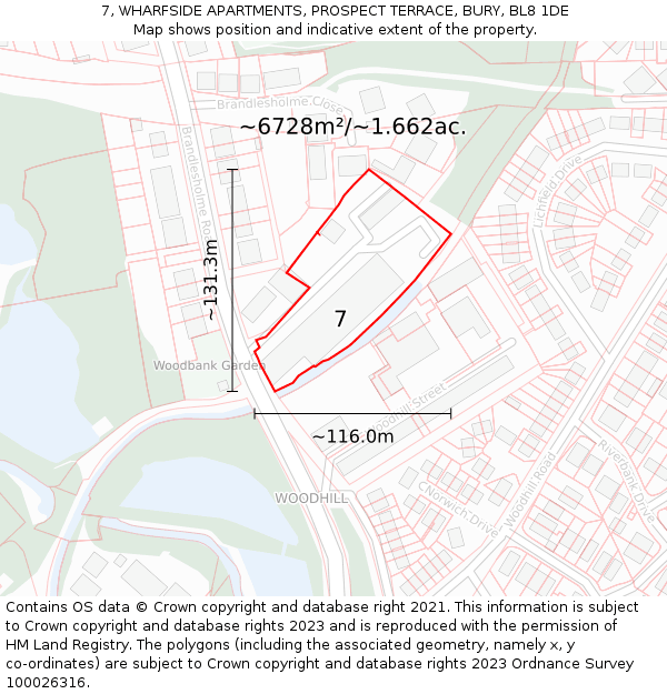 7, WHARFSIDE APARTMENTS, PROSPECT TERRACE, BURY, BL8 1DE: Plot and title map