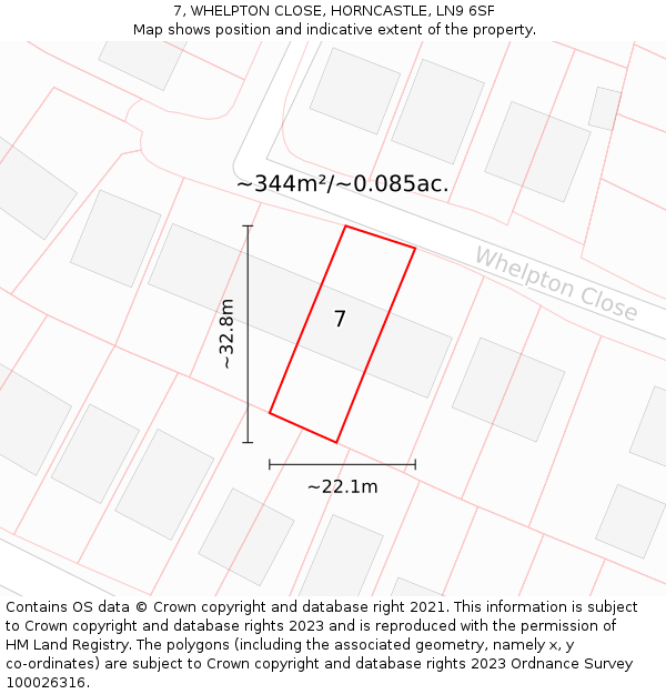 7, WHELPTON CLOSE, HORNCASTLE, LN9 6SF: Plot and title map