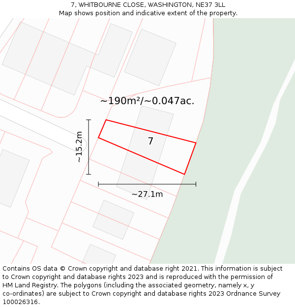 7, WHITBOURNE CLOSE, WASHINGTON, NE37 3LL: Plot and title map