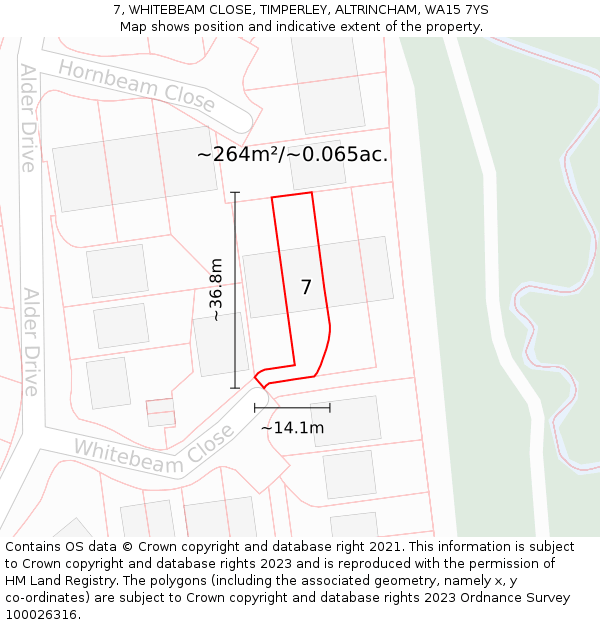 7, WHITEBEAM CLOSE, TIMPERLEY, ALTRINCHAM, WA15 7YS: Plot and title map
