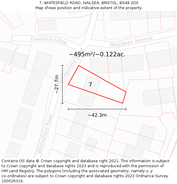 7, WHITESFIELD ROAD, NAILSEA, BRISTOL, BS48 2DX: Plot and title map