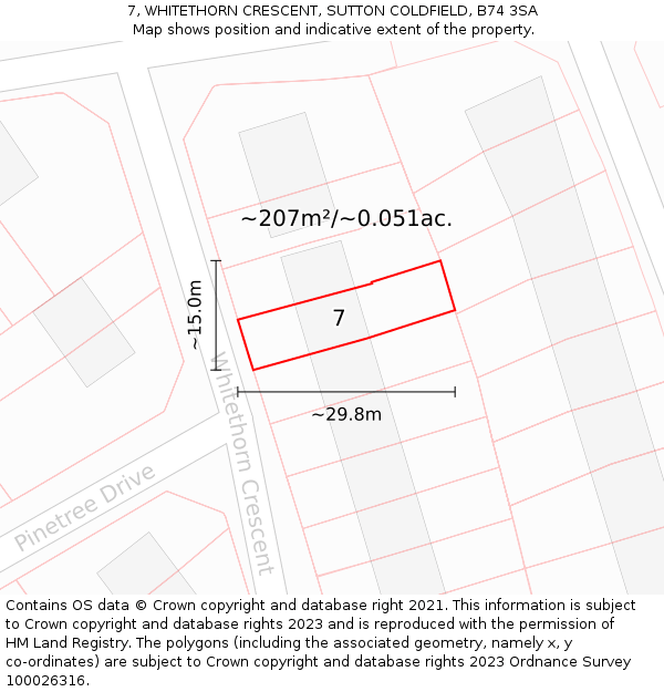 7, WHITETHORN CRESCENT, SUTTON COLDFIELD, B74 3SA: Plot and title map