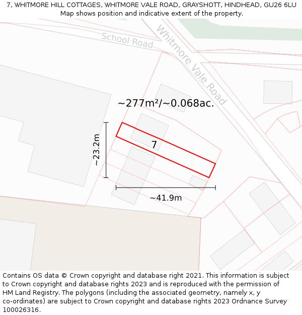 7, WHITMORE HILL COTTAGES, WHITMORE VALE ROAD, GRAYSHOTT, HINDHEAD, GU26 6LU: Plot and title map