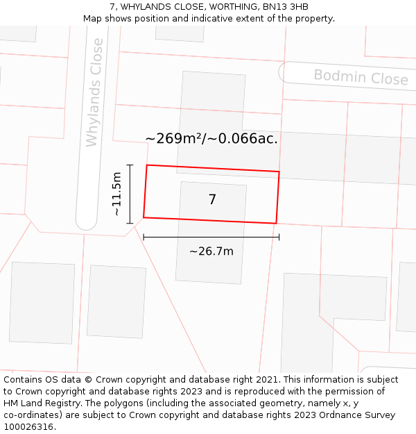 7, WHYLANDS CLOSE, WORTHING, BN13 3HB: Plot and title map